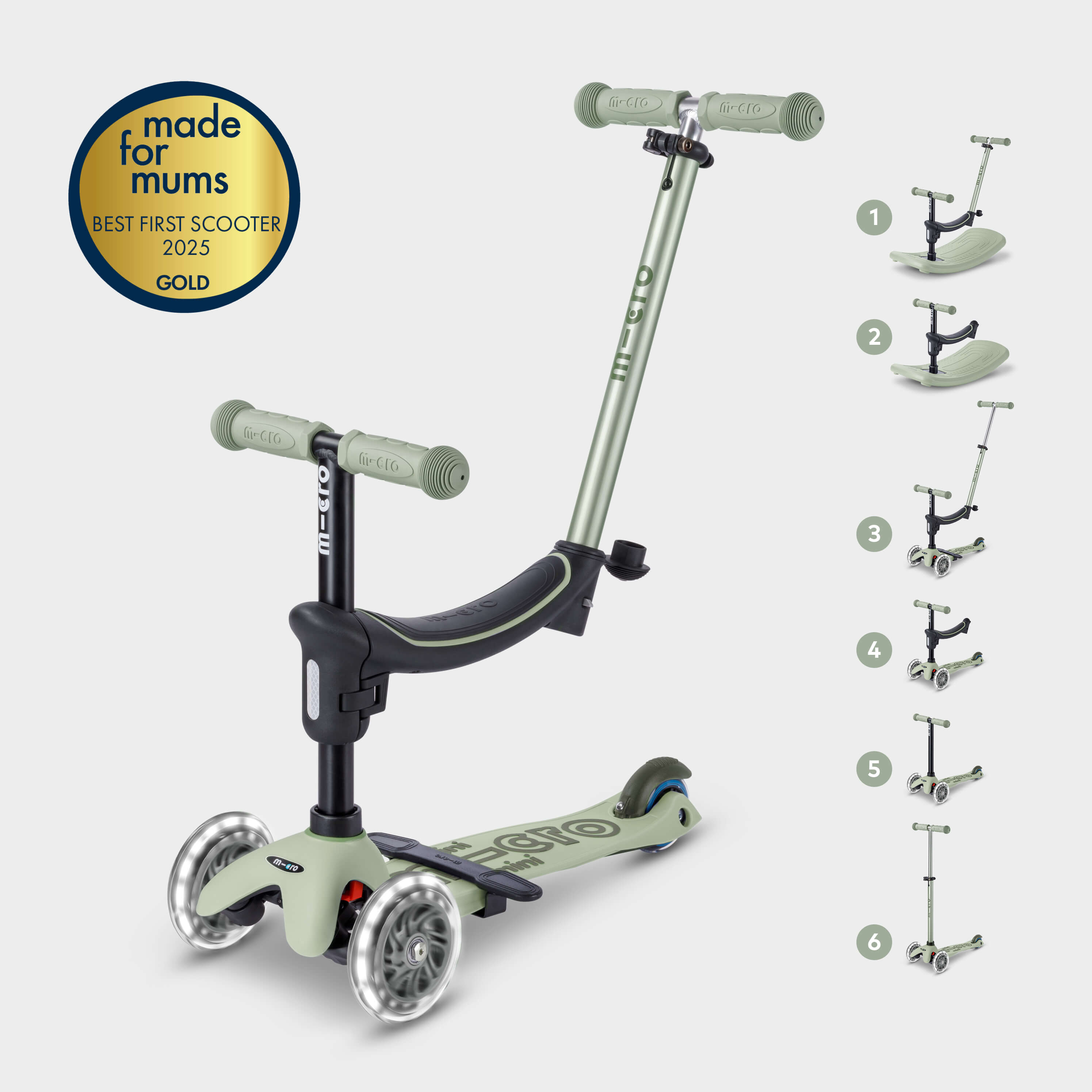 Mini Rocker Scooter Mini Micro 4in1 with indoor rocker: Sage Green | Micro Scooters IE